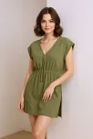 Kadın Haki Yanları Yırtmaçlı Tokalı V Yaka Mini Plaj Elbisesi