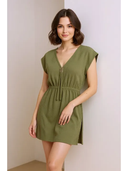 Kadın Haki Yanları Yırtmaçlı Tokalı V Yaka Mini Plaj Elbisesi