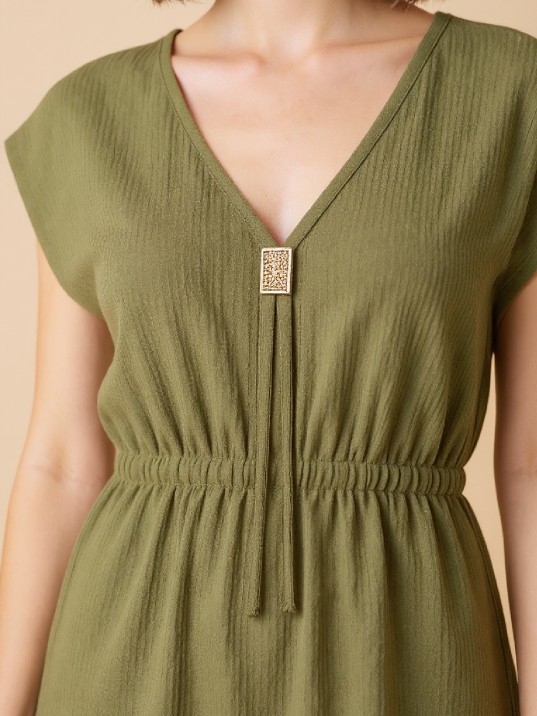 Kadın Haki Yanları Yırtmaçlı Tokalı V Yaka Mini Plaj Elbisesi