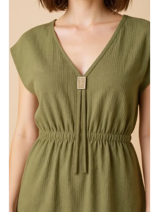 Kadın Haki Yanları Yırtmaçlı Tokalı V Yaka Mini Plaj Elbisesi