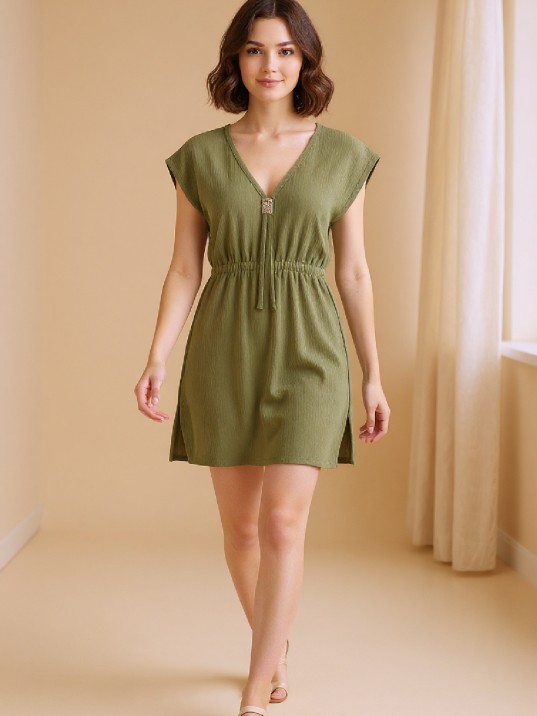 Kadın Haki Yanları Yırtmaçlı Tokalı V Yaka Mini Plaj Elbisesi