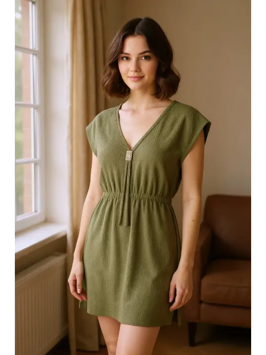 Kadın Haki Yanları Yırtmaçlı Tokalı V Yaka Mini Plaj Elbisesi