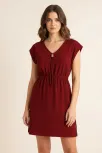 Kadın Bordo Yanları Yırtmaçlı Tokalı V Yaka Mini Plaj Elbisesi