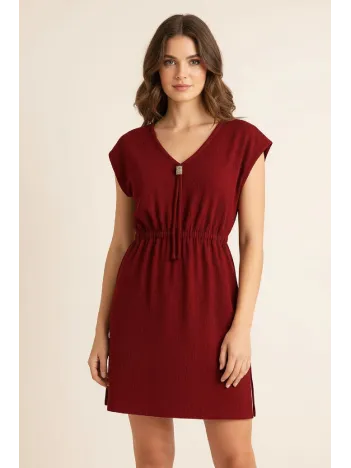 Kadın Bordo Yanları Yırtmaçlı Tokalı V Yaka Mini Plaj Elbisesi