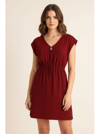 Kadın Bordo Yanları Yırtmaçlı Tokalı V Yaka Mini Plaj Elbisesi