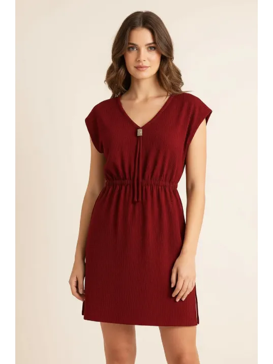 Kadın Bordo Yanları Yırtmaçlı Tokalı V Yaka Mini Plaj Elbisesi