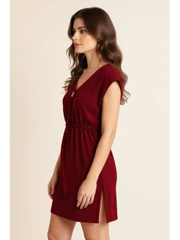 Kadın Bordo Yanları Yırtmaçlı Tokalı V Yaka Mini Plaj Elbisesi