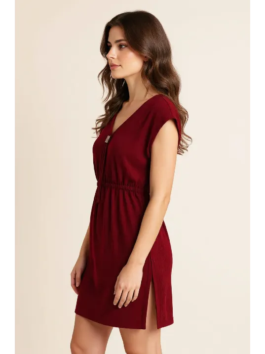 Kadın Bordo Yanları Yırtmaçlı Tokalı V Yaka Mini Plaj Elbisesi