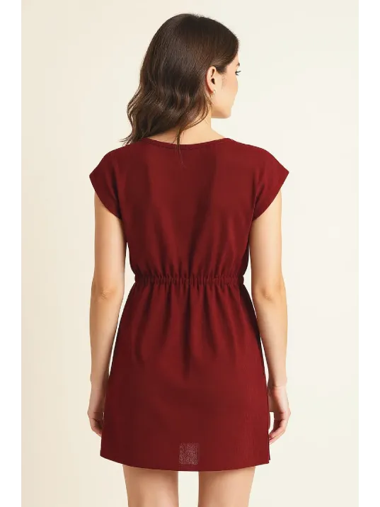 Kadın Bordo Yanları Yırtmaçlı Tokalı V Yaka Mini Plaj Elbisesi