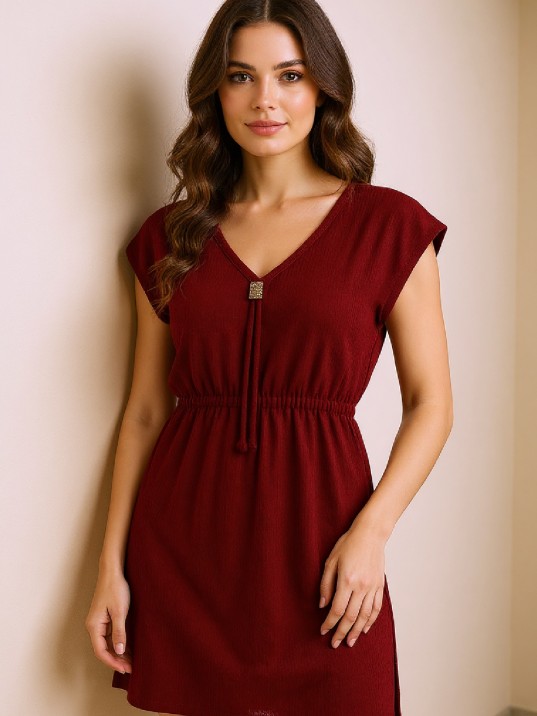 Kadın Bordo Yanları Yırtmaçlı Tokalı V Yaka Mini Plaj Elbisesi Kadın Bordo Yanları Yırtmaçlı Tokalı V Yaka Mini Plaj Elbisesi