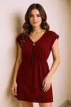Kadın Bordo Yanları Yırtmaçlı Tokalı V Yaka Mini Plaj Elbisesi