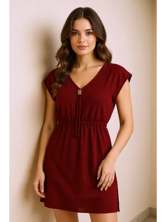 Kadın Bordo Yanları Yırtmaçlı Tokalı V Yaka Mini Plaj Elbisesi