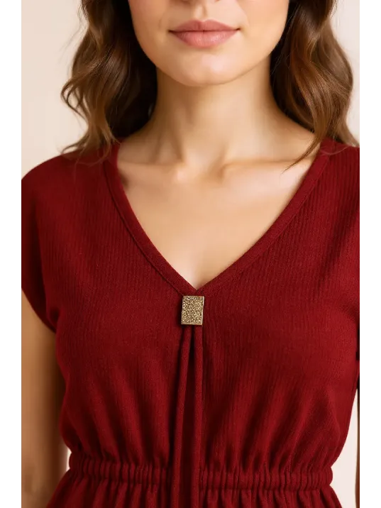 Kadın Bordo Yanları Yırtmaçlı Tokalı V Yaka Mini Plaj Elbisesi