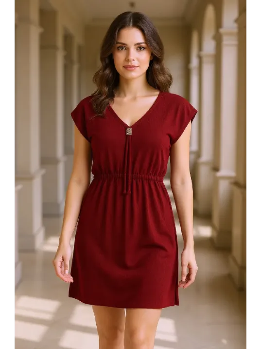 Kadın Bordo Yanları Yırtmaçlı Tokalı V Yaka Mini Plaj Elbisesi