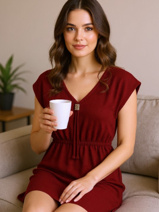 Kadın Bordo Yanları Yırtmaçlı Tokalı V Yaka Mini Plaj Elbisesi Kadın Bordo Yanları Yırtmaçlı Tokalı V Yaka Mini Plaj Elbisesi