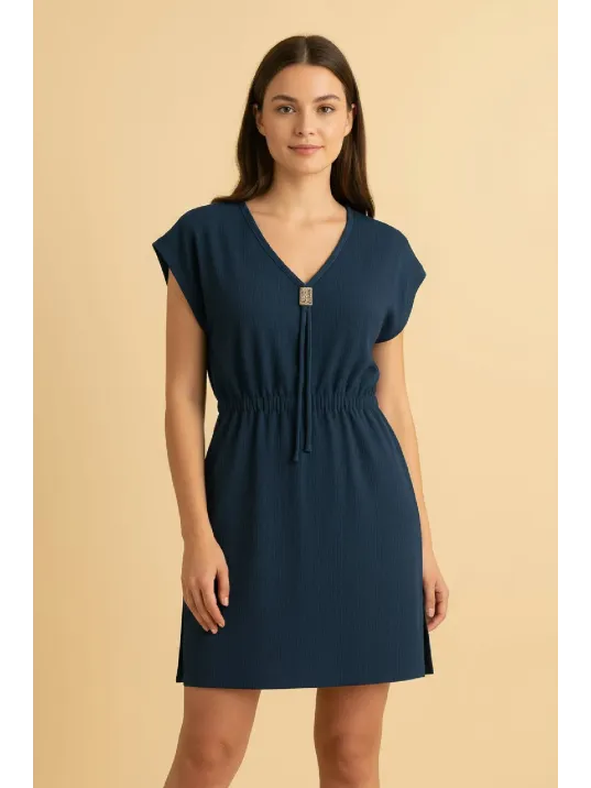 Kadın Lacivert Yanları Yırtmaçlı Tokalı V Yaka Mini Plaj Elbisesi