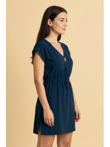 Kadın Lacivert Yanları Yırtmaçlı Tokalı V Yaka Mini Plaj Elbisesi Kadın Lacivert Yanları Yırtmaçlı Tokalı V Yaka Mini Plaj Elbisesi