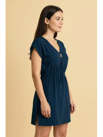 Kadın Lacivert Yanları Yırtmaçlı Tokalı V Yaka Mini Plaj Elbisesi