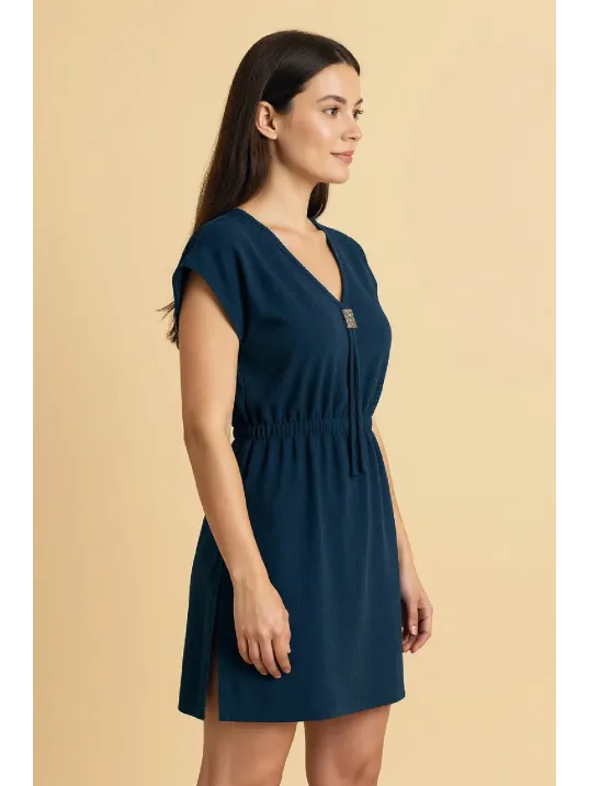 Kadın Lacivert Yanları Yırtmaçlı Tokalı V Yaka Mini Plaj Elbisesi