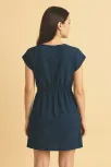 Kadın Lacivert Yanları Yırtmaçlı Tokalı V Yaka Mini Plaj Elbisesi