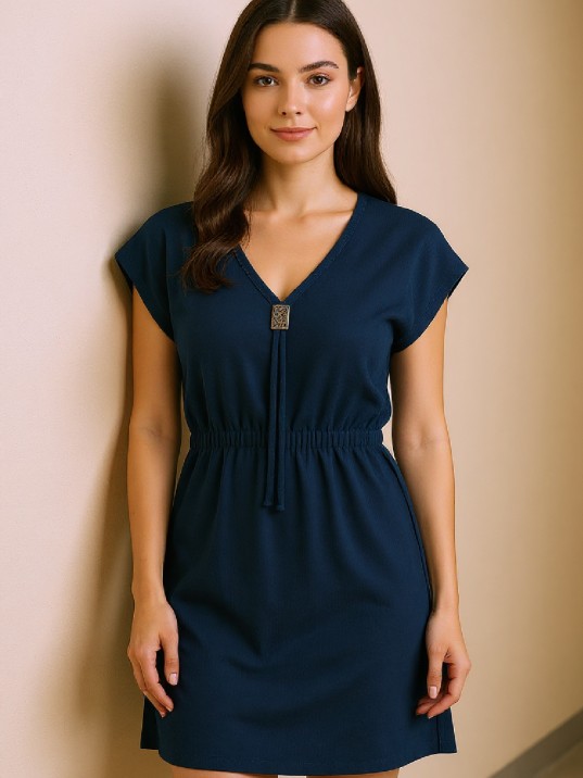 Kadın Lacivert Yanları Yırtmaçlı Tokalı V Yaka Mini Plaj Elbisesi