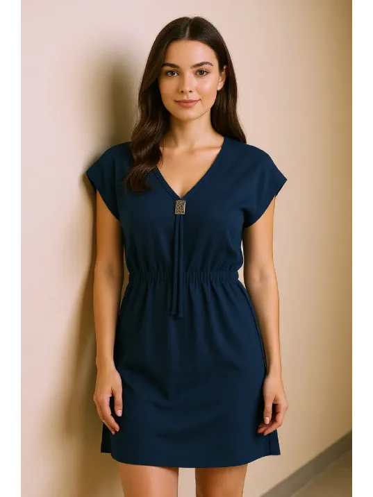 Kadın Lacivert Yanları Yırtmaçlı Tokalı V Yaka Mini Plaj Elbisesi