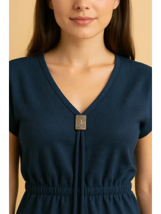 Kadın Lacivert Yanları Yırtmaçlı Tokalı V Yaka Mini Plaj Elbisesi