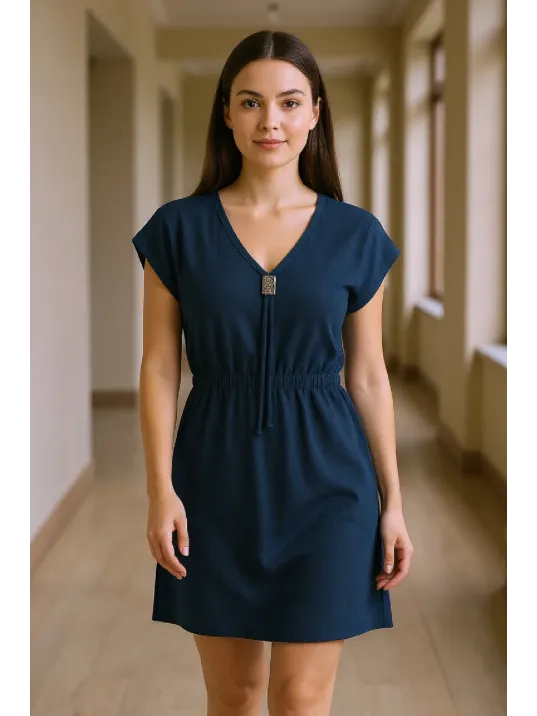Kadın Lacivert Yanları Yırtmaçlı Tokalı V Yaka Mini Plaj Elbisesi