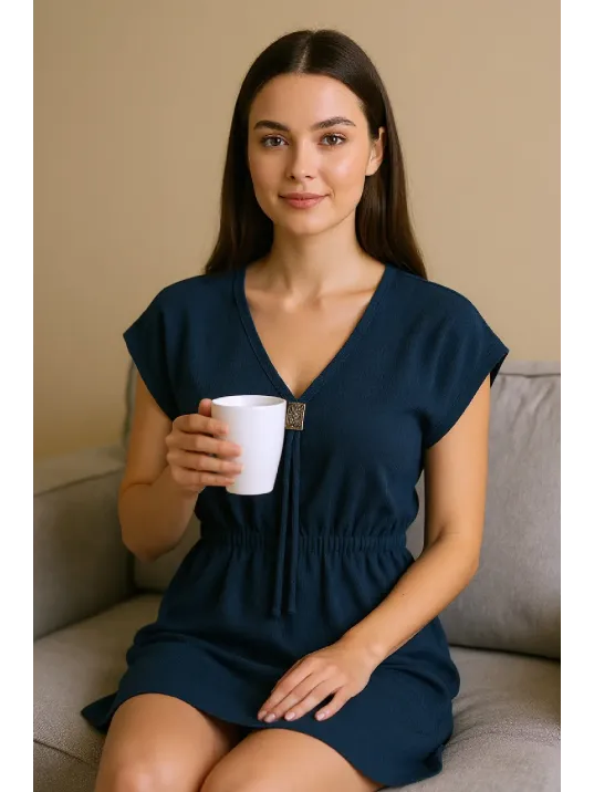 Kadın Lacivert Yanları Yırtmaçlı Tokalı V Yaka Mini Plaj Elbisesi