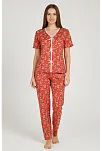 Kadın Turuncu Kalp Desenli Fiyonklu Kısa Kollu Uzun Pijama Takımı