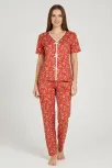 Kadın Turuncu Kalp Desenli Fiyonklu Kısa Kollu Uzun Pijama Takımı Kadın Turuncu Kalp Desenli Fiyonklu Kısa Kollu Uzun Pijama Takımı