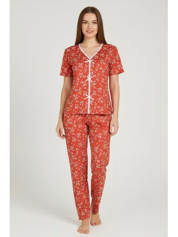 Kadın Turuncu Kalp Desenli Fiyonklu Kısa Kollu Uzun Pijama Takımı