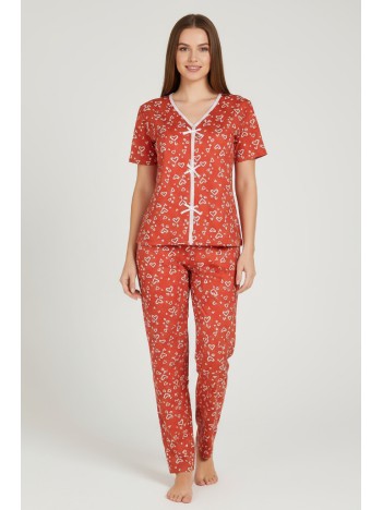 Kadın Turuncu Kalp Desenli Fiyonklu Kısa Kollu Uzun Pijama Takımı