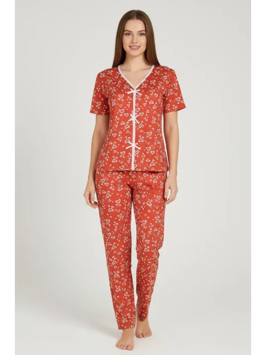Kadın Turuncu Kalp Desenli Fiyonklu Kısa Kollu Uzun Pijama Takımı Kadın Turuncu Kalp Desenli Fiyonklu Kısa Kollu Uzun Pijama Takımı