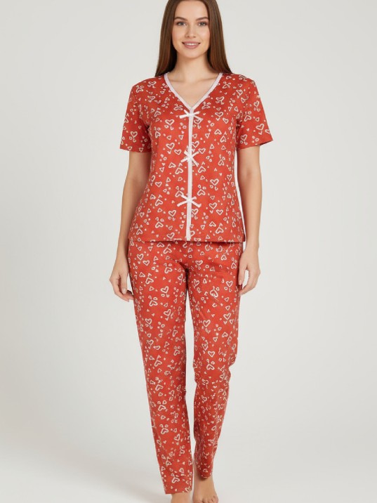 Kadın Turuncu Kalp Desenli Fiyonklu Kısa Kollu Uzun Pijama Takımı
