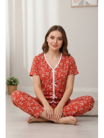 Kadın Turuncu Kalp Desenli Fiyonklu Kısa Kollu Uzun Pijama Takımı Kadın Turuncu Kalp Desenli Fiyonklu Kısa Kollu Uzun Pijama Takımı
