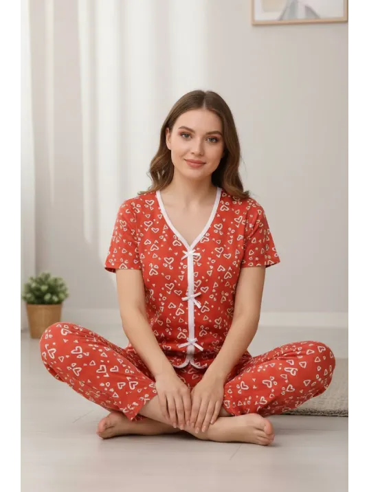 Kadın Turuncu Kalp Desenli Fiyonklu Kısa Kollu Uzun Pijama Takımı