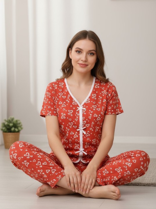 Kadın Turuncu Kalp Desenli Fiyonklu Kısa Kollu Uzun Pijama Takımı