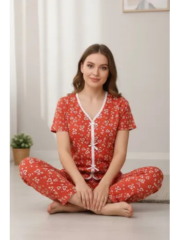 Kadın Turuncu Kalp Desenli Fiyonklu Kısa Kollu Uzun Pijama Takımı