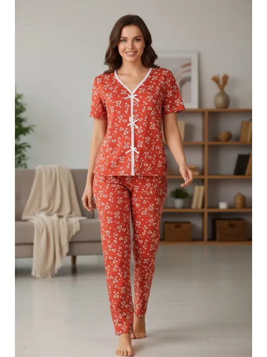 Kadın Turuncu Kalp Desenli Fiyonklu Kısa Kollu Uzun Pijama Takımı