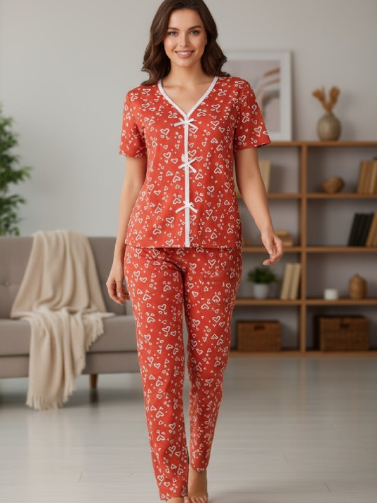 Kadın Turuncu Kalp Desenli Fiyonklu Kısa Kollu Uzun Pijama Takımı