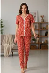 Kadın Turuncu Kalp Desenli Fiyonklu Kısa Kollu Uzun Pijama Takımı