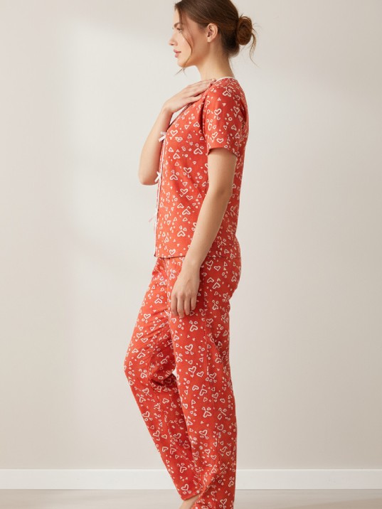 Kadın Turuncu Kalp Desenli Fiyonklu Kısa Kollu Uzun Pijama Takımı