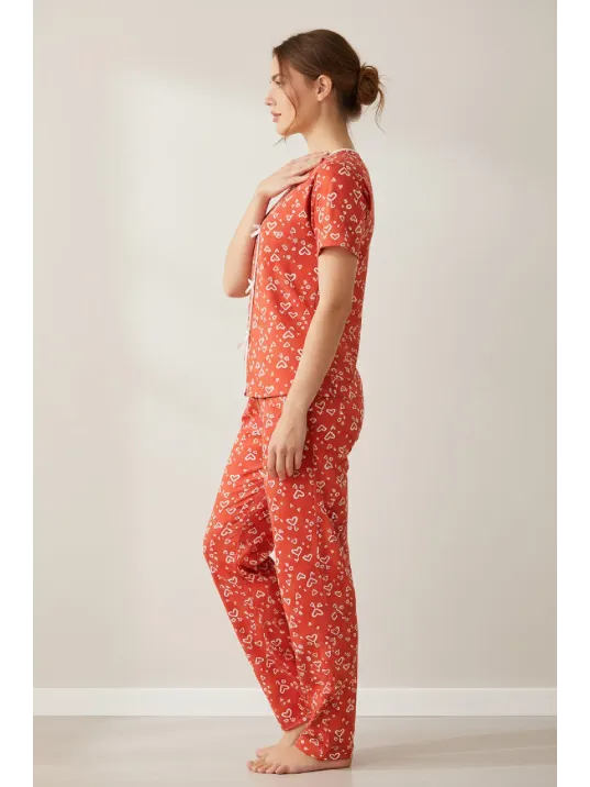 Kadın Turuncu Kalp Desenli Fiyonklu Kısa Kollu Uzun Pijama Takımı