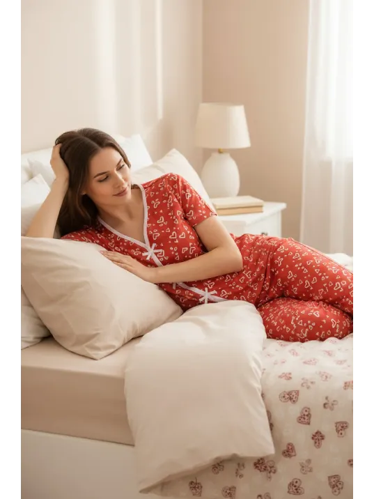 Kadın Turuncu Kalp Desenli Fiyonklu Kısa Kollu Uzun Pijama Takımı