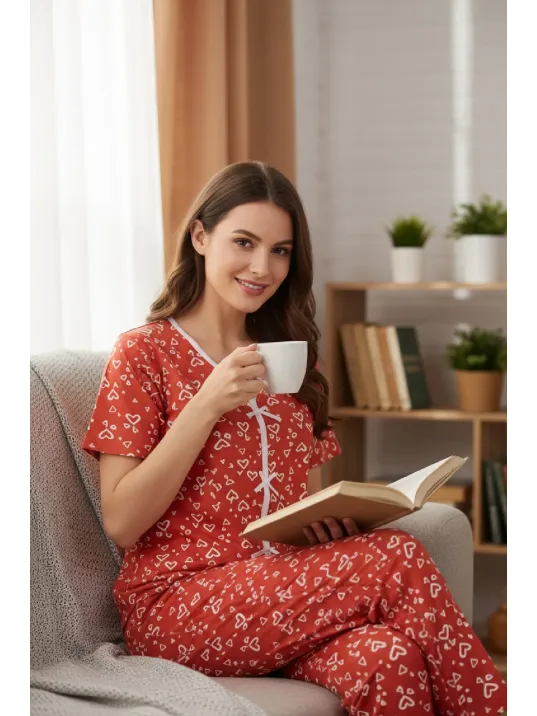 Kadın Turuncu Kalp Desenli Fiyonklu Kısa Kollu Uzun Pijama Takımı