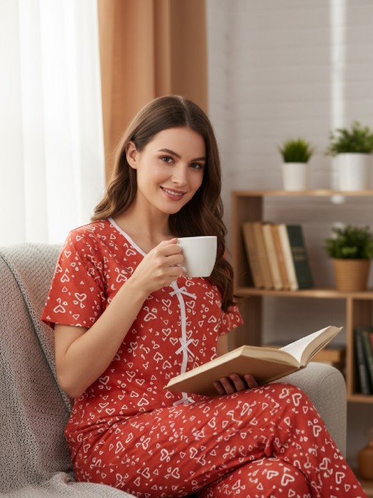 Kadın Turuncu Kalp Desenli Fiyonklu Kısa Kollu Uzun Pijama Takımı