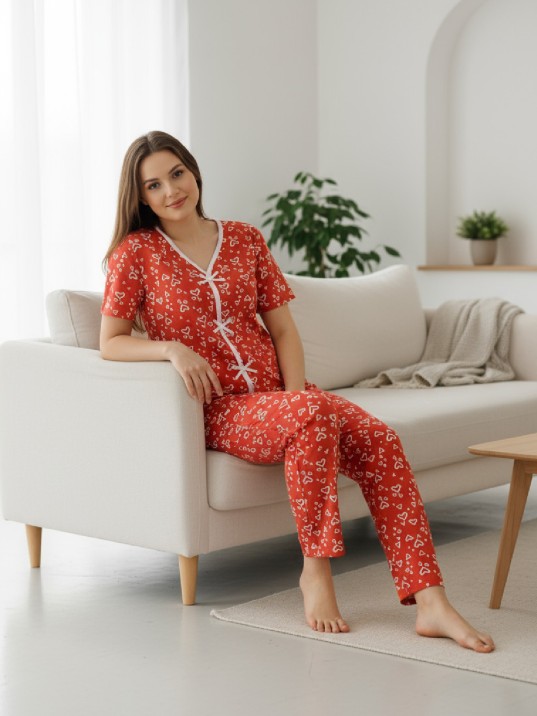 Kadın Turuncu Kalp Desenli Fiyonklu Kısa Kollu Uzun Pijama Takımı