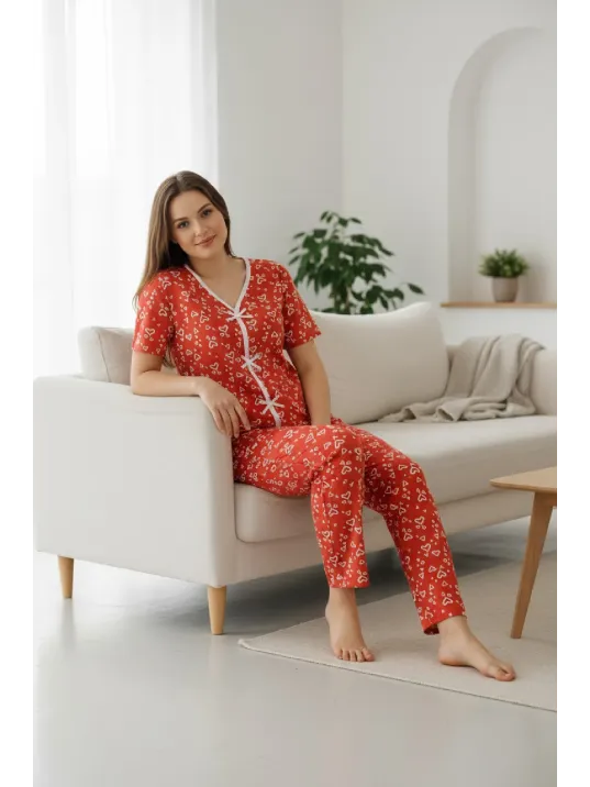 Kadın Turuncu Kalp Desenli Fiyonklu Kısa Kollu Uzun Pijama Takımı