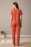 Kadın Turuncu Kalp Desenli Fiyonklu Kısa Kollu Uzun Pijama Takımı